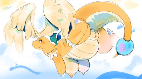 3_fingers 3_toes anthro anus belly big_wings blush breasts butt claws clitoris closed_smile eyelashes feathered_wings feathers feet female female_anthro finger_claws fingers flying genitals glistening glistening_belly glistening_breasts glistening_eyes green_eyes green_wings hanging_breasts head_wings horn humanoid_genitalia humanoid_vulva looking_back mouth_closed multicolored_body multicolored_skin nipples non-mammal_breasts non-mammal_nipples orange_body orange_skin orange_tail plump_labia scales semi-anthro slightly_chubby slightly_chubby_anthro slightly_chubby_female small_wings smile solo tail tail_orb tan_body tan_feathers tan_scales tan_skin tan_tail tapering_tail thick_tail toe_claws toes two_tone_body two_tone_skin two_tone_tail unusual_wing_placement vulva white_claws white_horn white_sclera wings ligma_(artist) squigglydraws third-party_edit nintendo pokemon ambient_bird ambient_flier ambient_pokemon generation_9_pokemon mega_dragonite mega_evolution pokemon_(species) 16:9 2025 absurd_res artist_collaboration color_edit colored colored_sketch digital_media_(artwork) hi_res shaded sketch widescreen