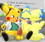 after_oral after_oral_penetration balls black_clothing black_footwear black_shoes blue_body blue_fur blush blush_lines bodily_fluids bottomwear bottomwear_down clitoris clothed clothing coat cosplay_pikachu_(costume) cum cum_drip cum_in_mouth cum_inside dialogue dripping duo erection female feral feral_on_feral footwear full_mouth fur genital_fluids genitals glistening glistening_body glistening_genitalia glistening_penis glistening_skin green_clothing green_shirt green_topwear intraspecies lab_coat laboratory lying male male/female on_side pants pants_down partially_clothed penis pulled_pants pussy raised_leg red_body red_fur saliva saliva_on_balls saliva_on_penis saliva_string sex shelf shirt shoes sitting spread_legs spreading tail text topwear vial yellow_body yellow_fur sparkchu01 nintendo pokemon prof_pikachu sparkchu generation_1_pokemon mammal pikachu pokemon_(species) rodent absurd_res english_text hi_res