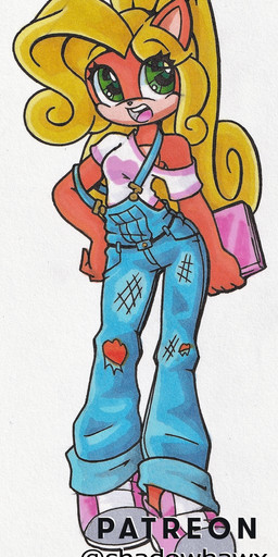 adolescent anthro clothed clothing computer electronics female footwear laptop open_mouth overalls shirt shoes simple_background smile standing topwear torn_clothing young shadowhawx95 activision crash_bandicoot_(series) coco_bandicoot bandicoot mammal marsupial hi_res traditional_media_(artwork)