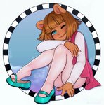 anthro brown_hair butt clothing dress female footwear hair legwear looking_at_viewer loose_footwear one_eye_closed shoe_dangle sitting smile solo wink young pushpup arthur_(series) d.w._read aardvark mammal 2020