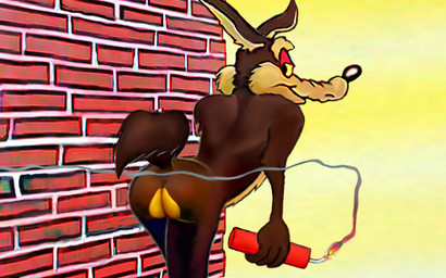 4_fingers anthro arched_back arm_tuft athletic athletic_anthro athletic_male back_muscles back_tuft bedroom_eyes belly bent_over biped black_eyes black_nose brick_wall brown_body brown_fur brown_text bubble_butt butt butt_focus butt_pose chest_tuft cloud cloudy_sky countershade_torso countershading curled_tail curling_tail dynamite ears_outwards elbow_tuft explosives eyebrows fingers fur glance glancing_back grin grinning_at_viewer half-closed_eyes holding_dynamite humanoid_hands looking_at_viewer looking_back looking_back_at_viewer male multicolored_body multicolored_butt multicolored_fur narrowed_eyes nude pecs pivoted_ears pose presenting presenting_hindquarters raised_tail rear_view seductive shoulder_blades shoulder_tuft simple_background sizzling skinny sky smile smiling_at_viewer smirk smirking_at_viewer smoke smug smug_expression smug_eyes smug_face smug_grin solo spine standing tail tan_belly tan_body tan_eyebrows tan_fur text tuft two_tone_body two_tone_butt two_tone_fur wall_(structure) wide_hips yellow_eyes yellow_sclera yellow_sky mreiof looney_tunes warner_brothers wile_e._coyote canid canine canis coyote mammal 16:10 2014 detailed digital_media_(artwork) digital_painting_(artwork) painting_(artwork) pinup shaded widescreen