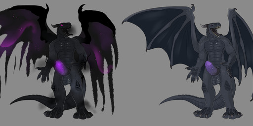 anthro balls black_body black_horn black_tail black_tongue black_wings erection fangs front_view genitals glowing glowing_eyes glowing_genitalia glowing_penis grey_background grey_balls grey_body grey_tail hand_on_hip horn male membrane_(anatomy) membranous_wings multiple_forms muscular muscular_anthro muscular_male open_mouth penis pink_eyes pink_penis purple_penis purple_wings ridged_penis simple_background solo standing tail teeth tongue tongue_out unsigned wings swampjaws mythology dragon mythological_creature mythological_scalie scalie hi_res