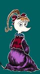 accessory anthro blonde_hair clothing dress female hair hair_accessory hair_ribbon long_snout looking_at_viewer pink_clothing pink_dress ponytail raised_tail ribbons shy simple_background snout solo style_emulation tail janet_k_wallace the_moomins houska humanoid absurd_res colored digital_media_(artwork) hi_res traditional_media_(artwork)