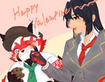 anthro black_hair blush clothing cookie duo female food fur hair hat headgear headwear holidays male necktie red_body red_fur school_uniform uniform wiping_face young ta_me_ba lifewonders tokyo_afterschool_summoners valentine's_day zhurong_(tas) ailurid human mammal red_panda hi_res