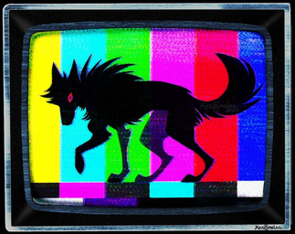 ambiguous_gender black_body black_fur black_hair electronics feral fur hair looking_at_viewer one_paw_up raised_tail red_eyes solo standing tail television test_card text walking mes0melas canid canine canis mammal wolf artist_name