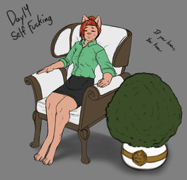4_toes 5_fingers anthro bottomwear chair claws clothed clothing collared_shirt digitigrade dress_shirt feet finger_claws fingers furniture hair hair_bun herm intersex paws plant shirt shrub simple_background sitting skirt solo stealth_masturbation text toe_claws toes topwear androidz lydia_(androidz) domestic_cat felid feline felis mammal