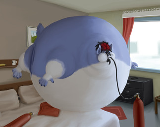 air_inflation ambiguous_gender anthro banana bed belly black_hair blue_body blue_fur cheek_bulge claws container cup curtains detailed_background floating food footprint fruit fur furniture hair helium helium_tank hose hose_in_mouth hose_inflation immobile inflation inside mug muzzle_(object) muzzled nude pawprint pillow plant red_hair solo spherical_inflation toe_claws white_body white_fur window lemurlemurovich canid canine canis mammal wolf 2020 digital_media_(artwork) digital_painting_(artwork) painting_(artwork)