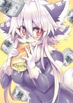 5_fingers anthro big_breasts blush breasts can container eating featureless_breasts female female_anthro fingers food fruit fur grey_body grey_fur hair kemono lemon lettuce long_hair navel nude plant red_eyes sandwich_(food) simple_background solo standing text vegetable white_hair yellow_background nagoshinikake canid canine canis mammal wolf 2019 digital_media_(artwork) japanese_text