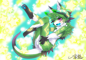 anthro areola backsack balls biped black_body black_fur blush butt chest_tuft claws fangs fluffy fur genitals glowing green_body green_fur green_hair hair horn inner_ear_fluff legs_up male markings nipples open_mouth pawpads paws purple_eyes short_hair simple_background solo star tail teeth tuft white_body white_fur young young_male wolflong unknown_species character_request signature