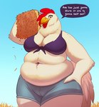 anthro beak breasts clothed clothing feathers female hay hay_bale navel overweight overweight_anthro overweight_female simple_background solo text thick_thighs topwear wide_hips tenynn avian bird chicken galliform gallus_(genus) phasianid digital_media_(artwork) english_text