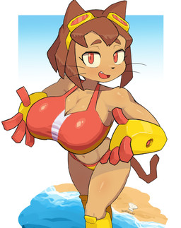 anthro bikini biped brown_ears brown_hair brown_tail clothed clothed_anthro clothed_female clothing female female_anthro hair looking_at_viewer open_mouth solo standing swimwear tail teeth tongue two-piece_swimsuit whiskers kuatabami gameoverse glitch_productions kit_bodega domestic_cat felid feline felis mammal 2026 hi_res