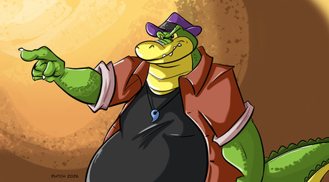 anthro belly claws clothed clothing fangs gesture hand_gesture hat headgear headwear jacket jewelry male mouth_closed necklace overweight overweight_anthro overweight_male pointing scales shirt slightly_chubby slightly_chubby_anthro slightly_chubby_male solo tail teeth topwear dutch_(artist) brok_the_investigator cowcat_games brok_(brok_the_investigator) alligator alligatorid crocodilian reptile scalie 2026 half-length_portrait hi_res portrait signature