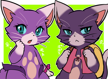 accessory anthro backpack blue_sclera bodily_fluids clothing duo eyelashes female fur green_eyes looking_offscreen male purple_body purple_fur sweat sweatdrop tail whiskers shiokake capcom monster_hunter monster_hunter_stories mocha_(monster_hunter_stories) popola_(mhs) felid feline felyne lynian mammal palico