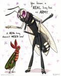 4_arms abstract_background ambiguous_gender angry antennae_(anatomy) anthro argument crown dipstick_antennae duo headgear insect_wings multi_arm multi_limb multicolored_antennae simple_background size_difference standing text wings nyomi nyomi_naohm actini arthropod hymenopteran insect lepidopteran moth saturniid spanish_moon_moth wasp english_text