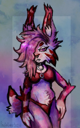 anthro bikini breasts chin_piercing claws clothed clothing collar ear_tuft eyebrows facial_piercing female fur hair hair_over_eye hand_on_hip long_hair looking_at_viewer markings multicolored_body nose_piercing nose_ring o-ring_collar open_mouth piercing pink_body pink_fur pink_hair purple_eyes red_bikini red_clothing red_eyebrows red_nose red_stripes red_swimwear ring_piercing short_tail simple_background solo striped_markings stripes swimwear tail tall_ears teeth thick_thighs tuft two-piece_swimsuit white_body white_fur pinatareaper felid feline lynx mammal 2026 absurd_res clip_studio_paint_(artwork) digital_drawing_(artwork) digital_media_(artwork) hi_res