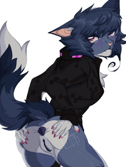 annoyed anthro anus blue_body breasts claws clothing enderman_hoodie female genitals hoodie pink_eyes pose presenting presenting_anus presenting_vulva slim solo topwear vulva xxgr4v3rk1tzyxx domestic_cat felid feline felis mammal 3:4 hi_res pinup
