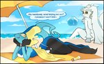 anthro beach beach_background beach_towel beach_umbrella big_ears bikini bikini_bottom bikini_top black_hands black_legs black_sclera blue_arms blue_body blush butt clothing curled_tail dialogue duo ear_fins female fin foot_in_water fusion grey_hands hands_on_chin head_fin long_tail looking_at_another looking_back lying male male/female multicolored_body on_elbow on_front parasol pokemon_fusion pupils raised_tail sand sea shoreline speech_bubble swimwear tail tempting text thought_bubble towel two-piece_swimsuit water white_body white_pupils wide_eyed wrist_fin yellow_eyes cornymember nintendo pokemon dyu dewgong generation_1_pokemon generation_4_pokemon generation_8_pokemon inteleon lopunny pokemon_(species) english_text hi_res