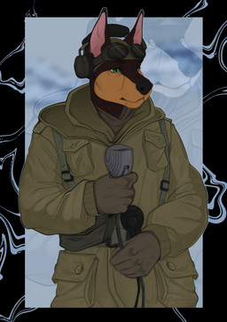 army clothing coat electronics eyewear gloves goggles green_eyes handwear headgear headphones headset male microphone military military_uniform solo topwear uniform world_war_2 yeenshield sebastian_wolk canid canine canis dobermann domestic_dog mammal pinscher hi_res