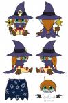 ambiguous_gender blue_eyes chibi clothed clothing doll gloves hair handwear hat headgear headwear looking_at_viewer magic_user magic_wand plushie sewn_mouth side_view simple_background sitting solo wand white_background vibrantechoes bandai_namco digimon digimon_(species) humanoid wizardmon hi_res model_sheet