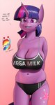 anthro big_breasts bottomwear bra breasts cleavage clothed clothing cutie_mark dialogue duo female fur hair horn huge_breasts multicolored_hair navel panties purple_body purple_fur purple_hair sagging_breasts simple_background sports_bra teeth text text_on_bra text_on_clothing text_on_sports_bra text_on_underwear thick_thighs topwear two_tone_hair underwear creatiffy friendship_is_magic hasbro mega_milk my_little_pony mythology rainbow_dash_(mlp) twilight_sparkle_(mlp) equid equine horse mammal mythological_creature mythological_equine pony unicorn digital_media_(artwork) english_text hi_res meme