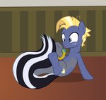 alternate_species blonde_hair blue_eyes bracelet freckles hair inside jewelry male sitting skunk_tail solo transformation badumsquish friendship_is_magic hasbro my_little_pony star_tracker_(mlp) equid equine horse hybrid mammal mephitid pony skunk hi_res