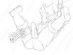 anthro balls boots butt cigar clothing cowboy_hat erection footwear genitals gun handgun hat headgear headwear jumping male penis pistol ranged_weapon shoes smoking solo spade_tail tail weapon vigmarr kings_of_hell gremile_'hotshot' demon imp 2022 hi_res monochrome