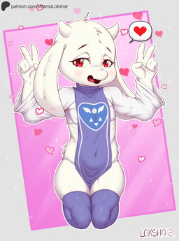 aged_down anthro biped blush clothed clothing female floppy_ears fur gesture hand_gesture head_tuft heart_symbol horn kneeling legwear loli looking_at_viewer navel navel_outline panties red_eyes shirt smile smiling_at_viewer solo stockings strapless_clothing text tongue topwear tuft tunic underwear v_sign white_body white_fur young young_anthro young_female ultama_lokshar_(artist) undertale undertale_(series) toriel boss_monster_(undertale) bovid caprine goat mammal alternate_version_at_paywall hi_res tagme uncensored_version_at_paywall url