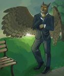 5_fingers anthro beak bench biped bottomwear brown_body brown_feathers clothed clothing day dress_shirt feathered_wings feathers fingers footwear front_view fully_clothed grass jacket male orange_eyes outside pants park path plant shirt shoes sky solo spread_wings standing suit topwear tree wings wooperworks avian bird owl