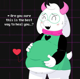 abdominal_bulge ambiguous_gender ambiguous_prey anthro anthro_pred asking_another belly big_belly black_background blush bottomless bottomless_anthro bottomless_male cheek_tuft clothed clothing duo ellipsis endosoma eyes_closed eyewear facial_tuft floppy_ears fur glasses green_clothing green_eyewear green_glasses green_shirt green_topwear hand_on_belly hand_on_own_belly head_tuft healing_vore heart_clothing heart_symbol horn huge_belly long_sleeve_shirt male male_pred open_mouth oral_vore pattern_background pink_background pink_scarf safe_vore scarf shirt short_tail simple_background tail talking_to_another talking_to_prey text topwear tuft unseen_prey vore wearing_glasses white_body white_fur swankybones deltarune undertale_(series) ralsei bovid caprine darkner goat mammal english_text
