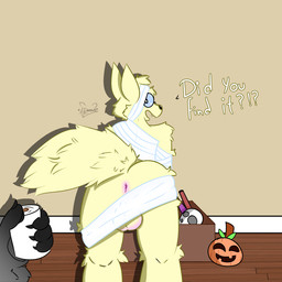 anthro balls big_balls big_butt butt duo eyewear food fruit genitals glasses holidays looking_back male male/male paper plant pumpkin text alexboom11 halloween anon canid canine canis mammal wolf 1:1 hi_res