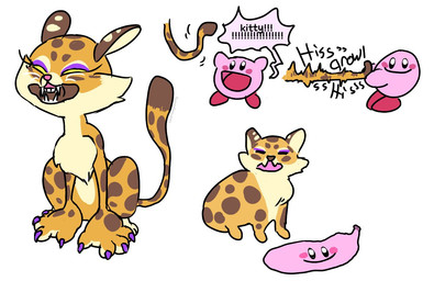 all_fours angry blush chest_tuft chibi claws countershading dialogue duo eyelashes eyes_closed eyeshadow fangs female feral hissing humor makeup male purple_eyeshadow sitting smile tail tail_pull teeth text tuft thetruecourtesy cat_no_like_banana kirby_(series) kirby_and_the_forgotten_land nintendo clawroline kirby felid leopard mammal pantherine 2022 digital_drawing_(artwork) digital_media_(artwork) english_text meme
