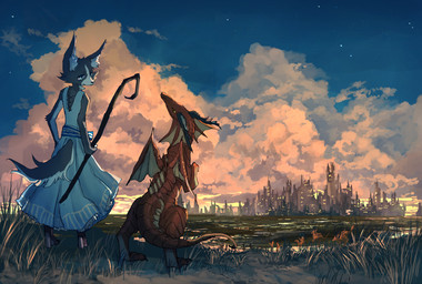 amazing_background ambiguous_gender anthro blue_clothing blue_dress blue_eyes city cityscape clothed clothing cloud detailed_background dress duo_focus female feral footwear fully_clothed fur grass grey_body grey_fur group half-closed_eyes holding_object holding_staff horn inner_ear_fluff kemono looking_at_another membrane_(anatomy) membranous_wings narrowed_eyes nude plant red_body red_scales scales scenery_porn shoes sitting sky snout staff standing star starry_sky sunset tail tuft water white_body white_clothing white_dress white_fur wings yellow_eyes pippi913 mythology canid canine canis domestic_dog dragon mammal mythological_creature mythological_scalie scalie 2016 detailed digital_media_(artwork) digital_painting_(artwork) painting_(artwork)