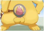 anthro balls bodily_fluids border close-up first genital_fluids genitals magnifying_glass male penis precum solo white_border young young_anthro young_male pichu90 nintendo pokemon detective_pikachu generation_1_pokemon pikachu pokemon_(species)