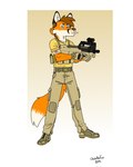 anthro band-aid bandage bandaged_arm belt blood blood_stain blue_eyes bodily_fluids boots border brown_hair clothing combat_boots combat_gear dipstick_tail ears_up footwear fox_tail fur gradient_background gun hair holding_gun holding_object holding_ranged_weapon holding_weapon inner_ear_fluff looking_at_viewer male markings military military_pants orange_body orange_fur p90 ranged_weapon shirt shoes simple_background soldier solo submachine_gun tail tail_markings topwear tuft vest warrior weapon whiskers white_body white_border white_fur bartek22 chris_the_fox_(bartek22) canid canine fox mammal 2024 dated digital_media_(artwork) hi_res signature