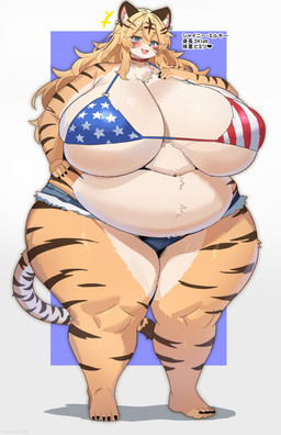 american_flag_bikini anthro barefoot belly big_breasts bikini black_stripes blonde_hair blue_eyes blush border bottomwear breasts clothing curvy_figure denim denim_bottomwear denim_clothing denim_shorts ear_piercing eyelashes feet female female_anthro flag_bikini flag_swimwear fur glistening glistening_body glistening_fur hair hand_on_hip heart_symbol height huge_breasts long_hair looking_at_viewer navel navel_piercing open_mouth orange_body orange_fur overweight overweight_anthro overweight_female piercing purple_background shorts simple_background small_head smile solo standing star stripes swimwear tail tan_body tan_fur text thick_thighs two-piece_swimsuit voluptuous voluptuous_anthro voluptuous_female white_background white_border wide_hips kakuteki11029 felid mammal pantherine tiger 2026 absurd_res hi_res japanese_text translated