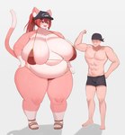 abs alternate_species anthro barefoot belly big_breasts bikini black_bottomwear black_clothing black_hat black_headwear black_shorts blush bottomwear breasts clothing curvy_figure duo faceless_character faceless_human faceless_male feet female female_focus flexing fur hair hat headgear headwear huge_breasts kemono male micro_bikini muscular muscular_human muscular_male navel open_mouth overweight overweight_anthro overweight_female pecs pink_body pink_fur raised_tail red_bikini red_clothing red_hair red_swimwear shorts smile standing swimwear tail thick_thighs two-piece_swimsuit voluptuous weight_difference white_body white_fur wide_hips kakuteki11029 hololive vtuber houshou_marine domestic_cat felid feline felis human mammal digital_media_(artwork) hi_res