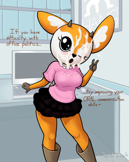 4_fingers anthro black_nose blouse blush bodily_fluids boots bottomwear breasts clothing computer cum cum_on_eye cum_on_face dialogue electronics female fingers footwear fur genital_fluids gesture hand_gesture heart_nose heart_symbol horn inside keyboard looking_at_viewer office one_eye_closed open_mouth orange_body orange_fur shoes skirt solo talking_to_viewer text topwear v_sign white_body white_fur mightycock aggretsuko sanrio tsunoda_(aggretsuko) antelope bovid gazelle mammal thomson's_gazelle true_antelope 2020 4:5 absurd_res english_text hi_res signature