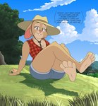 anthro bottomwear clothing cloud erebusofdawn female grass hat headgear headwear inviting looking_at_viewer paws plant rock shorts solo sun_hat talking_to_viewer text tree sammfeatblueheart lagomorph leporid mammal rabbit sarah_(disambiguation) english_text hi_res