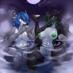 1:1 2017 anthro azuriae balls belly big_balls big_breasts big_penis black_hair blue_eyes blue_hair blush breasts container countershading cup digital_media_(artwork) drinking duo eye_contact female fish genitals green_eyes grey_body grey_skin hair herm hi_res holding_container holding_cup holding_object hot_spring humanoid_genitalia humanoid_penis intersex looking_at_another marine moon nemi nude outside partially_submerged penis shark sitting sky star starry_sky steam tail thick_tail thick_thighs water white_belly wide_hips zerolativity