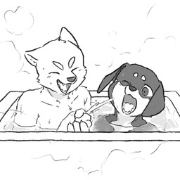 anthro bath bathtub claws cute_fangs duo fangs finger_claws folded_ears fur kemono laugh male male/male multicolored_body multicolored_fur open_mouth playing pointy_ears steam teeth time_lapse two_tone_body two_tone_fur water young young_anthro young_male toufu_dog canid canine canis dobermann domestic_dog mammal pinscher shiba_inu spitz 1:1 hi_res