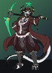 anthro armor black_body breasts claws clothed clothing digitigrade ear_piercing ear_ring eye_patch eyewear fangs female green_eyes holding_object holding_weapon mature_female melee_weapon multicolored_body non-mammal_breasts open_mouth open_smile piercing pirate ring_piercing simple_background smile solo tail teeth tongue tongue_out two_tone_body weapon weapon_on_shoulder white_body tolerain european_mythology mythology thandra_(tolerain) dragon mythological_creature mythological_scalie scalie western_dragon hi_res