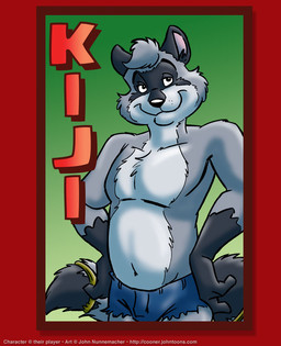accessory anthro black_eyes black_nose blue_bottomwear blue_clothing blue_jeans blue_pants blue_shorts border bottomwear bulge cheek_tuft clothed clothing copyright_symbol daisy_dukes denim denim_bottomwear denim_clothing denim_shorts facial_tuft fur furgonomics gloves_(marking) green_background grey_body grey_fur grey_hair hair hands_on_hips head_tuft hotpants jeans jewelry male markings maroon_border navel pants red_background red_border red_text ring round_ears shadow shorts shorts_only simple_background smile solo symbol tail tail_accessory tail_jewelry tail_ring text topless tuft website_url cooner kijiraccoon mammal procyonid raccoon 2011 character_badge_(artwork) character_name english_text portrait three-quarter_portrait
