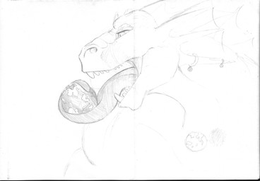 ambiguous_form ambiguous_gender ear_frill frill_(anatomy) frill_piercing furgonomic_piercing furgonomics horn macro narrowed_eyes object_vore open_mouth piercing planet_vore side_view simple_background solo vore solaxe_(artist) mythology solaxe dragon mythological_creature mythological_scalie scalie graphite_(artwork) monochrome sketch traditional_media_(artwork)