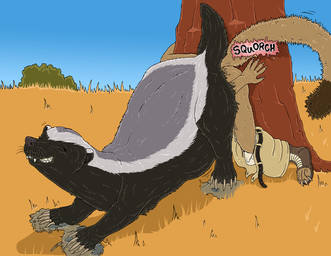 abdominal_bulge ambiguous_anthro ambiguous_gender ambiguous_prey anthro anthro_on_feral anthro_prey ass_up bestiality black_body black_fur bodily_fluids bottomwear bottomwear_down brown_body brown_fur claws clothed clothing duo eyes_closed fangs female female/ambiguous female_feral female_pred feral feral_pred forced fur genital_fluids grass grey_body grey_fur head_first living_insertion looking_pleasured onomatopoeia outside pants pants_down partially_clothed plant pushing savanna sound_effects struggling teeth text three-quarter_view tree unbirthing vaginal vaginal_fluids vore white_body white_fur strega njaa_(strega) badger felid feline honey_badger mammal mustelid musteline 2019 digital_media_(artwork) hi_res