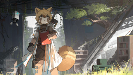 anthro bangs biped black_bottomwear black_claws black_clothing black_gloves black_handwear black_nose black_shirt black_shorts black_topwear blonde_hair bottomwear brown_body brown_eyes brown_fur brown_highlights brown_inner_ear brown_markings brown_stripes brown_tail_tip claws clipboard cloak clothed clothed_anthro clothed_male clothing coat countershade_face countershade_fur countershade_neck countershading detailed_background dipstick_tail facial_markings finger_claws fingers front_view fully_clothed fully_clothed_anthro fully_clothed_male fur girder gloves hair hair_between_eyes handwear head_markings highlights_(coloring) holding_clipboard holding_object hood hood_down hoodie humanoid_hands iris ivy_(plant) kemono leg_strap long_coat male male_anthro markings multicolored_body multicolored_fur one_glove open_mouth outside plant post-apocalyptic pupils ruins shirt short_hair shorts solo standing striped_markings stripes tail tail_markings tan_markings text topwear translucent translucent_clothing translucent_coat translucent_hoodie translucent_topwear tree white_body white_clothing white_coat white_countershading white_fur white_hoodie white_sclera white_topwear yellow_ears mag_inu canid canine mammal raccoon_dog tanuki 16:9 4k absurd_res english_text hi_res portrait three-quarter_portrait widescreen