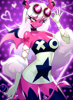 breasts clothed clothing eyewear female hair horn pink_body solo spade_tail sunglasses tail kyo_hei hellaverse helluva_boss verosika_mayday demon