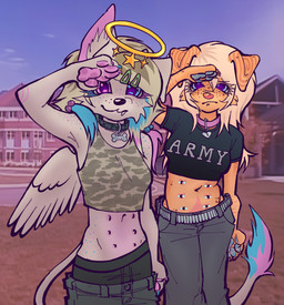 6_nipples 8_nipples accessory anthro belly_nipples blonde_hair bone_pattern bullet_belt camo camo_clothing camo_print clothing collar coontail_hair dog_tags duo feathered_wings feathers female freckles fur gesture hair hair_accessory hairclip halo highlights_(coloring) multi_nipple nipple_piercing nipples orange_body orange_fur outside pattern_clothing piercing pigtails roots_showing sagging_pants salute scar school self-harm_scars thong_straps white_body white_fur wings werehouse canid canine mammal absurd_res hi_res