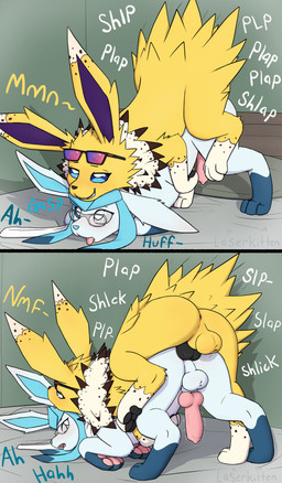 anal anal_penetration anus balls bed bedroom bodily_fluids butt dripping duo erection eyewear feral furniture genital_fluids genitals glasses male male/male pawpads paws penetration penile penile_penetration penis_in_ass precum precum_drip sound_effects text laserkitten nintendo pokemon eeveelution generation_1_pokemon generation_4_pokemon glaceon jolteon pokemon_(species) absurd_res comic hi_res