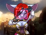 big_breasts blurred_background breasts cleavage clothed clothing eye_patch eyewear female front_view hair looking_at_viewer red_eyes red_hair science_fiction smile solo furball league_of_legends riot_games tencent wyla_(furball) humanoid yordle 2020 digital_media_(artwork) portrait three-quarter_portrait