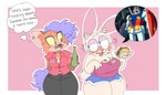 4_fingers anthro big_breasts big_eyes black_bottomwear black_clothing black_nose black_pants blue_body blue_eyes blue_fur blue_hair blush blush_lines bottle bottomwear breasts brown_body brown_fur cleavage clothed clothing collared_shirt container dolphin_shorts dress_shirt duo ear_piercing emanata eye_through_hair eyebrows eyelashes female fingers flash_emanata food fur hair holding_bottle holding_container holding_food holding_object holding_taco inner_ear_fluff multicolored_body multicolored_fur name_tag open_mouth open_smile pants piercing pink_background pink_clothing pink_dress_shirt pink_nose pink_shirt pink_tongue pink_topwear pink_tube_top profanity pronouns red_eyes scut_tail shirt short_stack short_tail simple_background slightly_chubby smile standing taco tail tan_body tan_fur teeth text thick_thighs thought_bubble tongue toony topwear translucent translucent_hair tube_top tuft yellow_sclera shoobular gundam jackie_(shoobular) ube_(shoobular) canid canine lagomorph leporid mammal rabbit 2025 digital_media_(artwork) english_text flat_colors trans_(lore) trans_man_(lore)